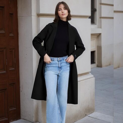 Women's Pea Coat Double Sided Wool Blended Notch Lapel Double Breasted Overcoat Long Trench Jacket for fall Autumn/Winter in Saudi Arabia