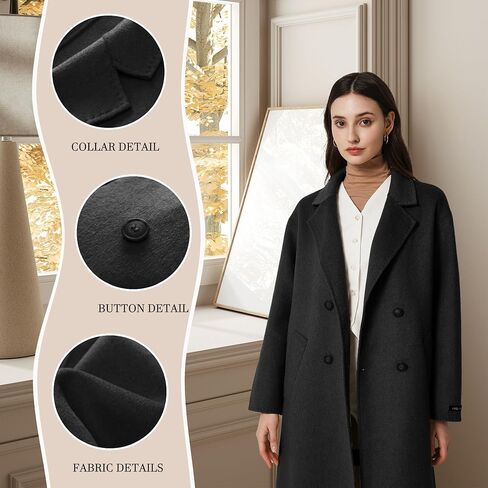 Women's Pea Coat Double Sided Wool Blended Notch Lapel Double Breasted Overcoat Long Trench Jacket for fall Autumn/Winter in Saudi Arabia