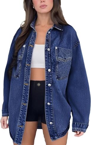 Womens Denim Jacket Wash Jean Jacket Coats With Pockets in Saudi Arabia