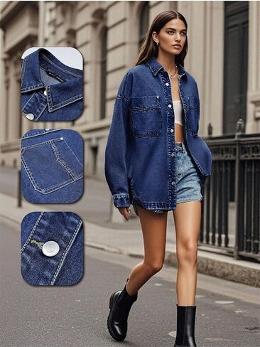 Womens Denim Jacket Wash Jean Jacket Coats With Pockets in Saudi Arabia
