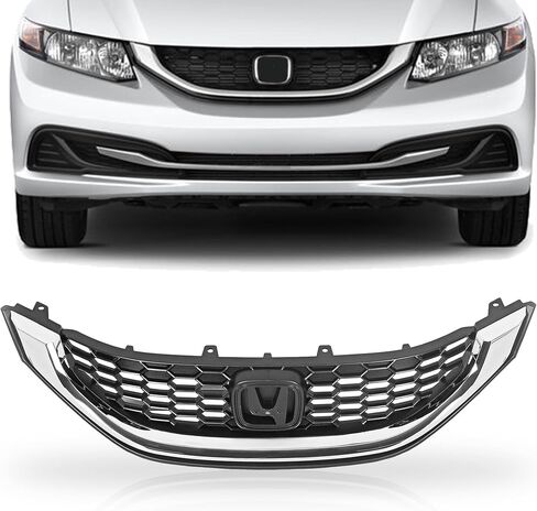 Partsflow Front Pumper Grille Black W/Chrome Honeycomb Grill متوافق مع 2013 2014 2015 Honda Civic in Saudi Arabia