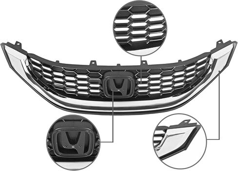 Partsflow Front Pumper Grille Black W/Chrome Honeycomb Grill متوافق مع 2013 2014 2015 Honda Civic in Saudi Arabia