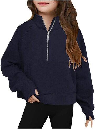 Girls Half Zip up Sweatshirt Trendy Winter Cropped Long Sleeve Thumb Hole Pullover Tops Youth Fall Cute Clothes in Saudi Arabia