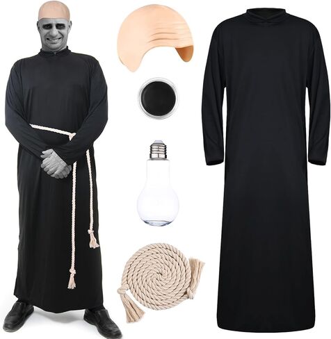 5Pcs Halloween Uncle Costume Set Include Robe Cord Belt Bald Cap and Makeup Black Cream for Men Dress Up in Saudi Arabia
