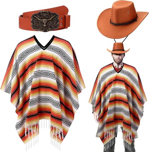 3 Pcs Men's Cowboy Costume Western Poncho Hat Belt Mexican Cowboy Outfit for Adult Halloween Party Cosplay in Saudi Arabia