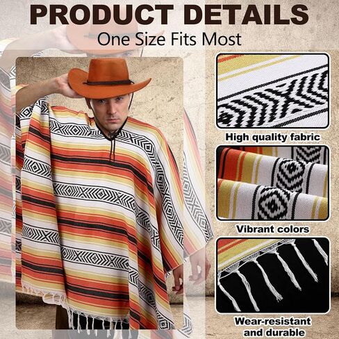 3 Pcs Men's Cowboy Costume Western Poncho Hat Belt Mexican Cowboy Outfit for Adult Halloween Party Cosplay in Saudi Arabia