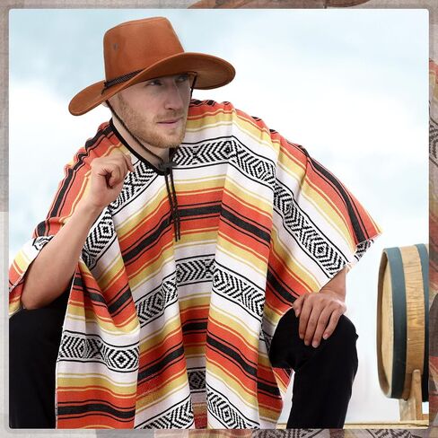 3 Pcs Men's Cowboy Costume Western Poncho Hat Belt Mexican Cowboy Outfit for Adult Halloween Party Cosplay in Saudi Arabia