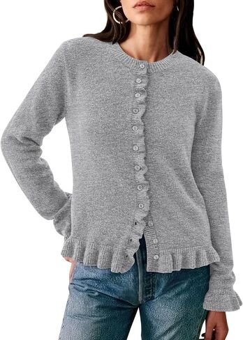 Prettygarden Womens Fall Button أسفل Cardigans مكتنزة الكشكش فتحة مفتوحة الأمامية سويجان Cardigan سترات ناعمة طويلة الأكمام الطويلة in Saudi Arabia