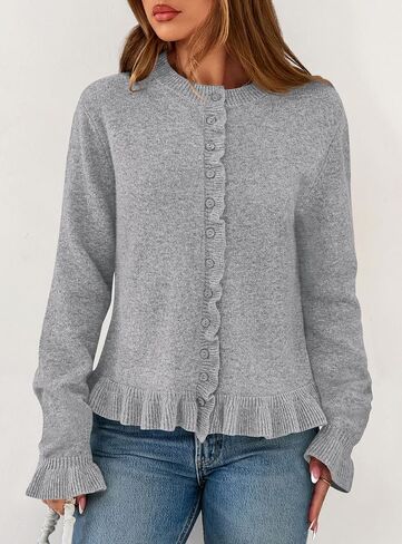 Prettygarden Womens Fall Button أسفل Cardigans مكتنزة الكشكش فتحة مفتوحة الأمامية سويجان Cardigan سترات ناعمة طويلة الأكمام الطويلة in Saudi Arabia