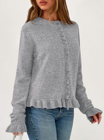 Prettygarden Womens Fall Button أسفل Cardigans مكتنزة الكشكش فتحة مفتوحة الأمامية سويجان Cardigan سترات ناعمة طويلة الأكمام الطويلة in Saudi Arabia