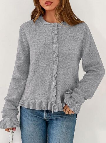 Prettygarden Womens Fall Button أسفل Cardigans مكتنزة الكشكش فتحة مفتوحة الأمامية سويجان Cardigan سترات ناعمة طويلة الأكمام الطويلة in Saudi Arabia