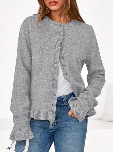 Prettygarden Womens Fall Button أسفل Cardigans مكتنزة الكشكش فتحة مفتوحة الأمامية سويجان Cardigan سترات ناعمة طويلة الأكمام الطويلة in Saudi Arabia