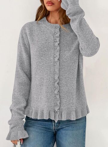 Prettygarden Womens Fall Button أسفل Cardigans مكتنزة الكشكش فتحة مفتوحة الأمامية سويجان Cardigan سترات ناعمة طويلة الأكمام الطويلة in Saudi Arabia