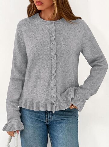 Prettygarden Womens Fall Button أسفل Cardigans مكتنزة الكشكش فتحة مفتوحة الأمامية سويجان Cardigan سترات ناعمة طويلة الأكمام الطويلة in Saudi Arabia