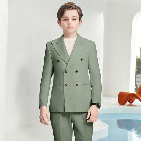 Boys Linen Suits 5 Pieces Summer Wedding Ring Bearer Light Weight Double Breasted 2 Button Formal Suit Kids Tuxedo in Saudi Arabia