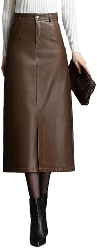 Long Leather Skirts for Women Casual High Waisted Fall Winter Bodycon Midi Skirt with Slit in Saudi Arabia