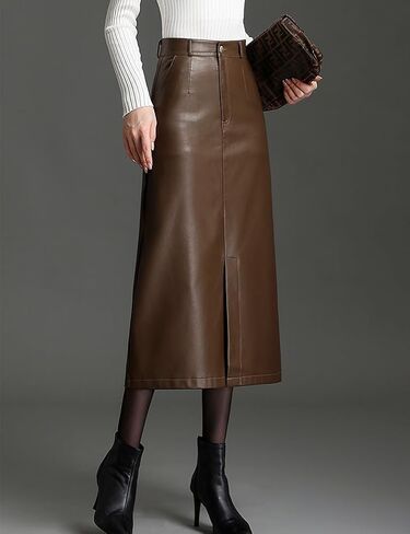 Long Leather Skirts for Women Casual High Waisted Fall Winter Bodycon Midi Skirt with Slit in Saudi Arabia