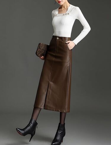 Long Leather Skirts for Women Casual High Waisted Fall Winter Bodycon Midi Skirt with Slit in Saudi Arabia