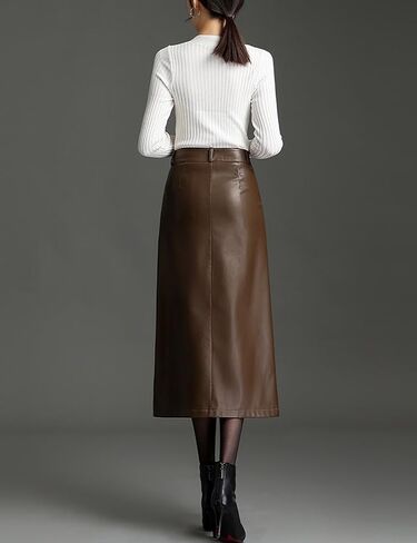 Long Leather Skirts for Women Casual High Waisted Fall Winter Bodycon Midi Skirt with Slit in Saudi Arabia