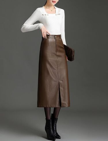 Long Leather Skirts for Women Casual High Waisted Fall Winter Bodycon Midi Skirt with Slit in Saudi Arabia