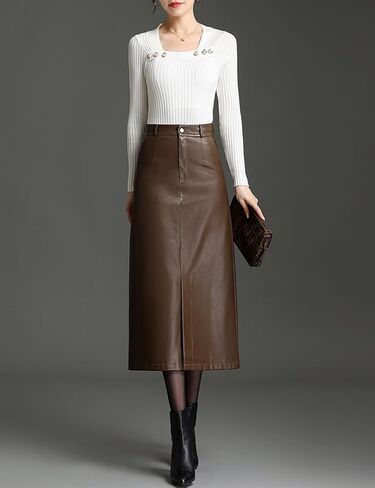 Long Leather Skirts for Women Casual High Waisted Fall Winter Bodycon Midi Skirt with Slit in Saudi Arabia