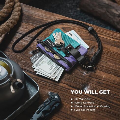 VULKIT Slim Wallet with ID Window, Small RFID Blocking Card holder Water Resistant Zip Wallet with Lanyard Keychain for Travel Sports AauaGreen Purple in Saudi Arabia
