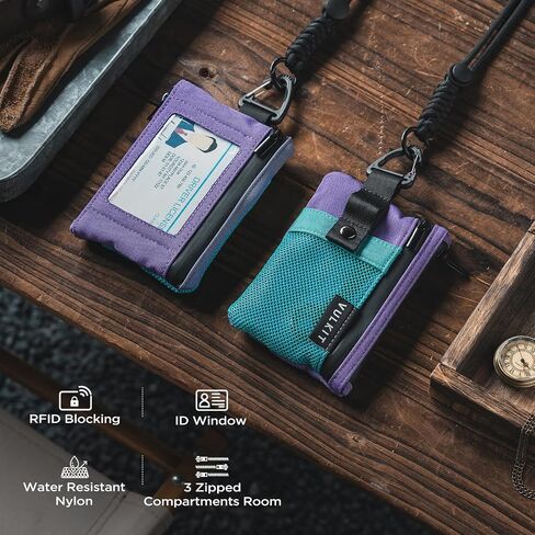 VULKIT Slim Wallet with ID Window, Small RFID Blocking Card holder Water Resistant Zip Wallet with Lanyard Keychain for Travel Sports AauaGreen Purple in Saudi Arabia