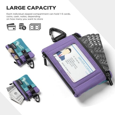 VULKIT Slim Wallet with ID Window, Small RFID Blocking Card holder Water Resistant Zip Wallet with Lanyard Keychain for Travel Sports AauaGreen Purple in Saudi Arabia