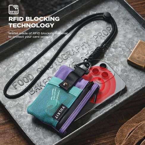 VULKIT Slim Wallet with ID Window, Small RFID Blocking Card holder Water Resistant Zip Wallet with Lanyard Keychain for Travel Sports AauaGreen Purple in Saudi Arabia