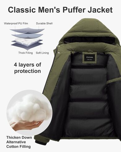 Chrisuno Men's Winter Coat Waterproof Warm Puffer Jacket Quilted Insulated Bubble Jackets with Hood in Saudi Arabia