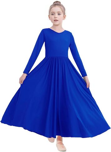 Girls Praise Dance Dress Metallic Gold Liturgical Worship Church Robe Full Length Swing Lyrical Costume in Kuwait