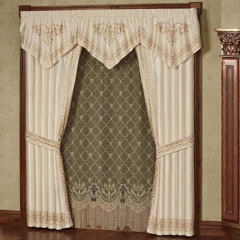 Touch of Class Versailles Luxury Window Treatment | Classic Neutral Pearl | Palace-Inspired French Style Golden Scrollwork Embroidery | Designed Drapery Set: 3 Ascot Valances and 84L Curtain Pair in Saudi Arabia