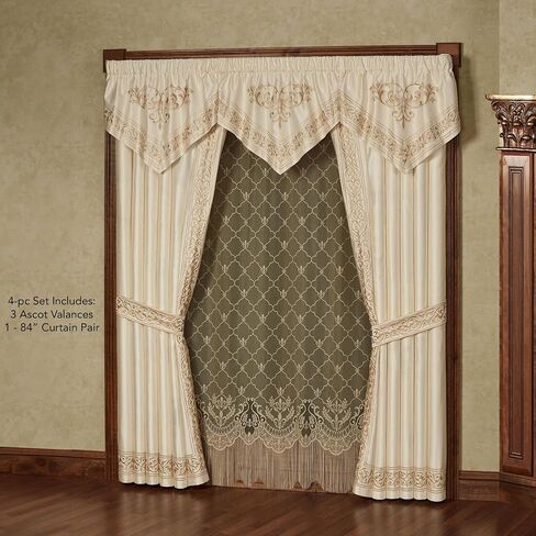 Touch of Class Versailles Luxury Window Treatment | Classic Neutral Pearl | Palace-Inspired French Style Golden Scrollwork Embroidery | Designed Drapery Set: 3 Ascot Valances and 84L Curtain Pair in Saudi Arabia