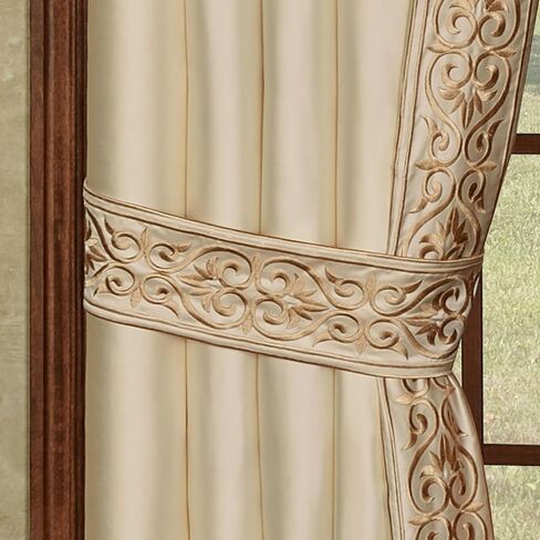 Touch of Class Versailles Luxury Window Treatment | Classic Neutral Pearl | Palace-Inspired French Style Golden Scrollwork Embroidery | Designed Drapery Set: 3 Ascot Valances and 84L Curtain Pair in Saudi Arabia