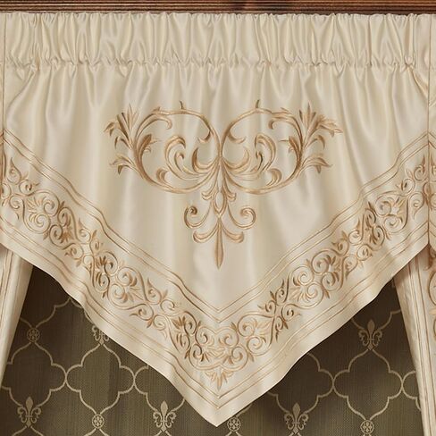 Touch of Class Versailles Luxury Window Treatment | Classic Neutral Pearl | Palace-Inspired French Style Golden Scrollwork Embroidery | Designed Drapery Set: 3 Ascot Valances and 84L Curtain Pair in Saudi Arabia