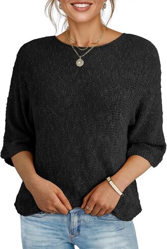 Dokotoo Womens 2025 Fall Casual Crewneck 3/4 Sleeve Striped Lightweight Knit Trendy Boho Tops Pullover Sweaters in Saudi Arabia