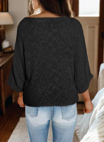 Dokotoo Womens 2025 Fall Casual Crewneck 3/4 Sleeve Striped Lightweight Knit Trendy Boho Tops Pullover Sweaters in Saudi Arabia