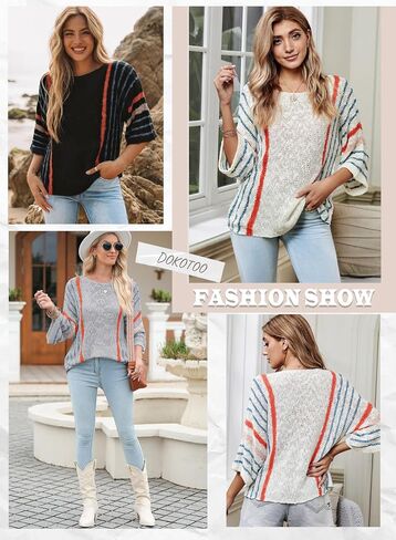 Dokotoo Womens 2025 Fall Casual Crewneck 3/4 Sleeve Striped Lightweight Knit Trendy Boho Tops Pullover Sweaters in Saudi Arabia