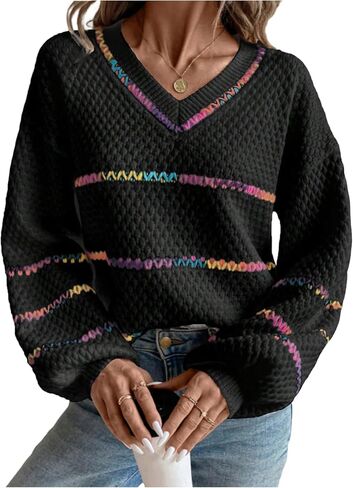 Verdusa Women's Striped Oversized Sweaters Vacation Drop Shoulder Pullover Rainbow Striped Sweater in Saudi Arabia