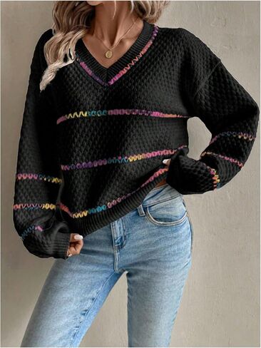 Verdusa Women's Striped Oversized Sweaters Vacation Drop Shoulder Pullover Rainbow Striped Sweater in Saudi Arabia