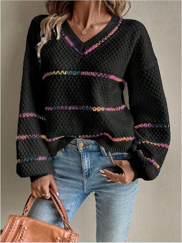 Verdusa Women's Striped Oversized Sweaters Vacation Drop Shoulder Pullover Rainbow Striped Sweater in Saudi Arabia