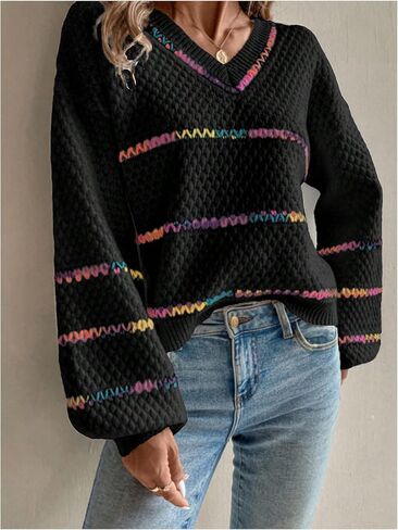 Verdusa Women's Striped Oversized Sweaters Vacation Drop Shoulder Pullover Rainbow Striped Sweater in Saudi Arabia