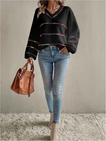 Verdusa Women's Striped Oversized Sweaters Vacation Drop Shoulder Pullover Rainbow Striped Sweater in Saudi Arabia
