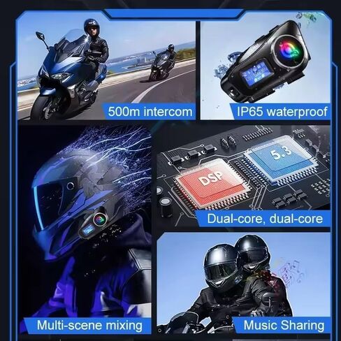Motorcycle Helmet Intercom Bluetooth Headset,Helmet Intercom Headphones with LED Screen,illumination,FM Radio,IP67 Waterproof,Voice Assistant,1800ft,Music Sharing (Hard Mic for Half/Full/Face Helmets) in Kuwait