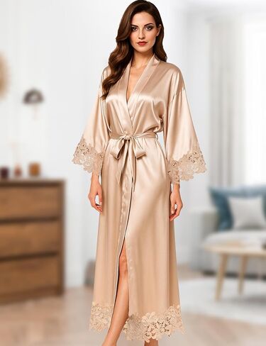 EPLAZA Bride Robe for Wedding Day Lace Trim Long Bridal Kimono Robes with Embroidery Bachelorette Party Getting Ready Outfits in Saudi Arabia