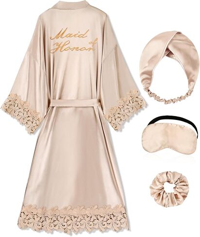 EPLAZA Bride Robe for Wedding Day Lace Trim Long Bridal Kimono Robes with Embroidery Bachelorette Party Getting Ready Outfits in Saudi Arabia
