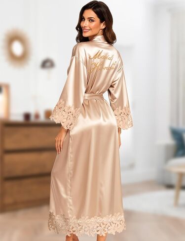 EPLAZA Bride Robe for Wedding Day Lace Trim Long Bridal Kimono Robes with Embroidery Bachelorette Party Getting Ready Outfits in Saudi Arabia