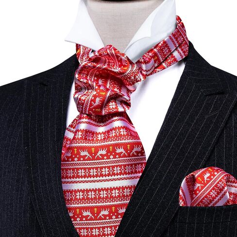 Men Ascot Cravat Christmas Light Red White Tie Pocket Square Cufflinks Handkerchief Set Silk Woven Necktie in Saudi Arabia