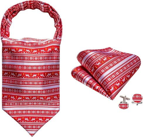 Men Ascot Cravat Christmas Light Red White Tie Pocket Square Cufflinks Handkerchief Set Silk Woven Necktie in Saudi Arabia