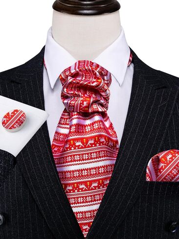 Men Ascot Cravat Christmas Light Red White Tie Pocket Square Cufflinks Handkerchief Set Silk Woven Necktie in Saudi Arabia